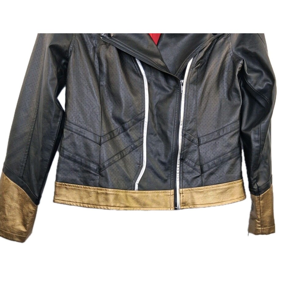 Marvel Black Widow Her Universe Moto Jacket Black Gold Faux Leather Ss L Junior - Picture 6 of 16